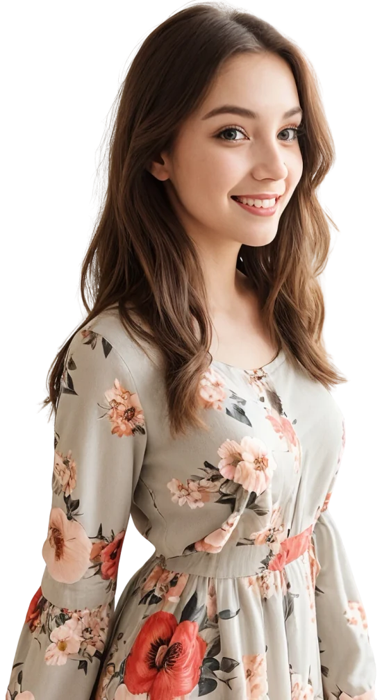 Smiling Nastia companion in a floral dress